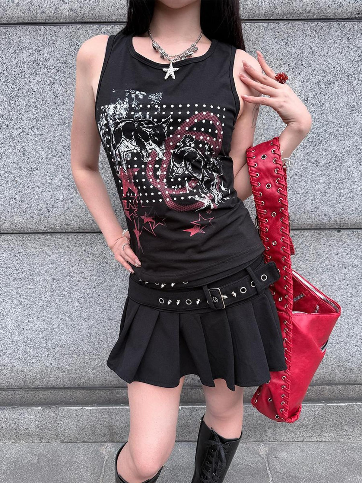 HEMOGLOBIN Black Skull Print Punk Metal Lace Up Slim Fit Women&