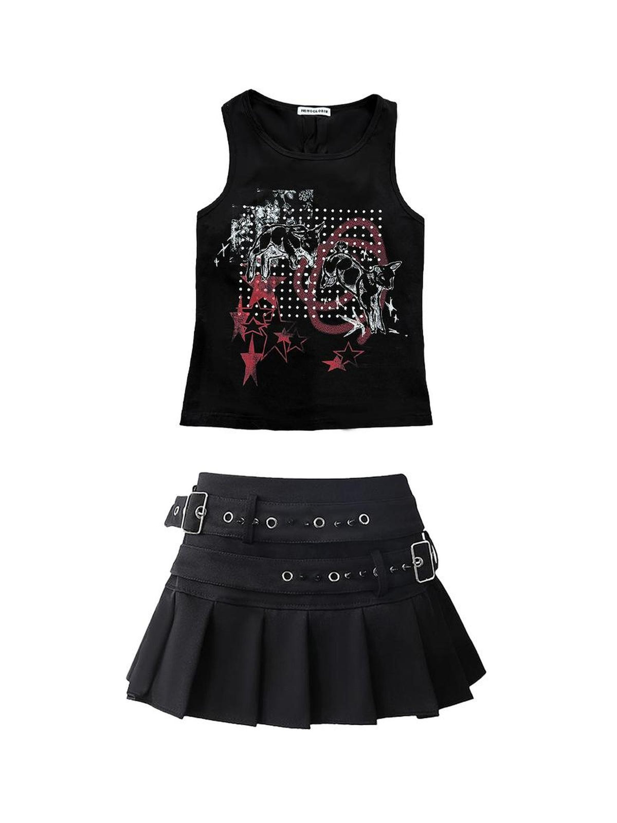 HEMOGLOBIN Black Skull Print Punk Metal Lace Up Slim Fit Women&