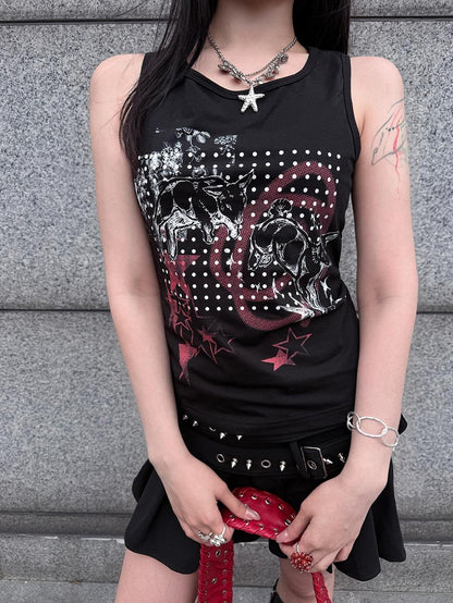 HEMOGLOBIN Black Skull Print Punk Metal Lace Up Slim Fit Women&