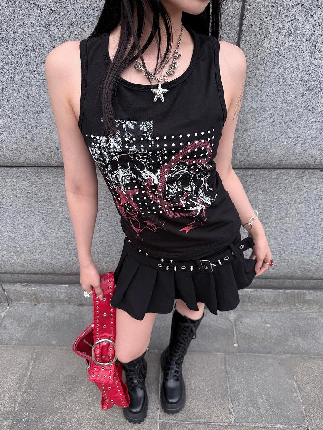 HEMOGLOBIN Black Skull Print Punk Metal Lace Up Slim Fit Women&