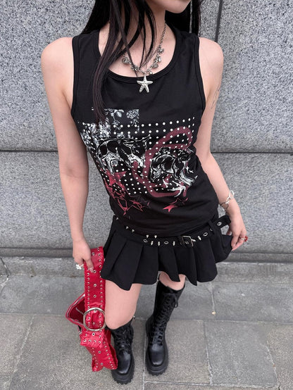HEMOGLOBIN Black Skull Print Punk Metal Lace Up Slim Fit Women&