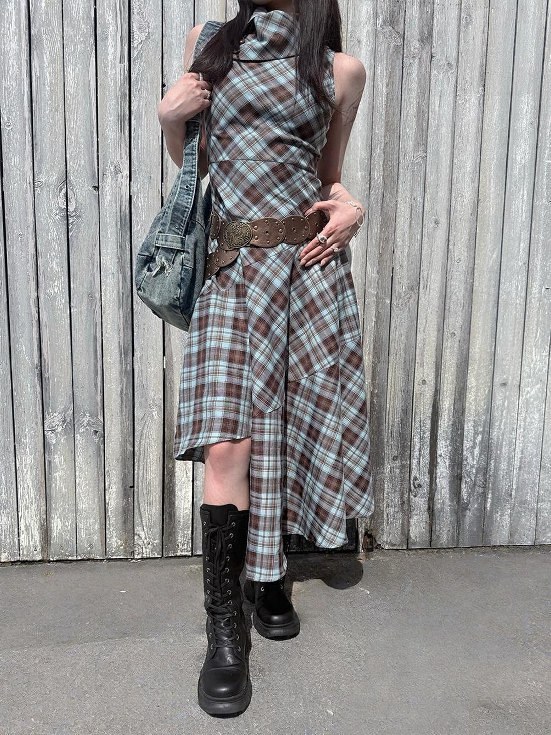 HEMOGLOBIN Blue Brown Plaid Asymmetric Hem Sleeveless High Neck Women&