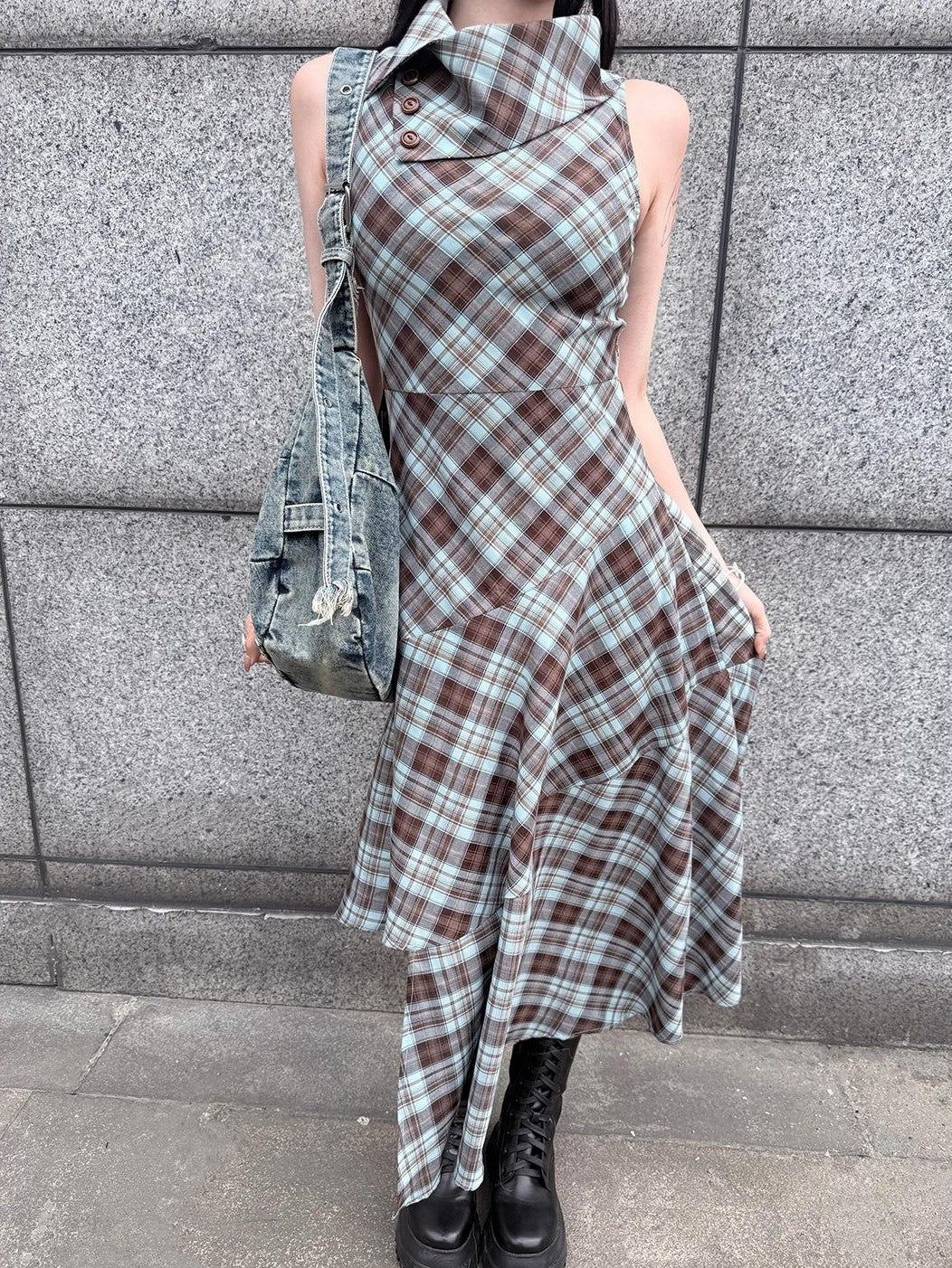 HEMOGLOBIN Blue Brown Plaid Asymmetric Hem Sleeveless High Neck Women&