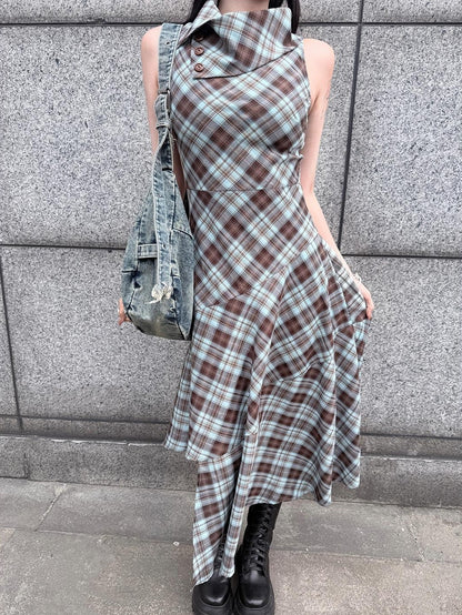 HEMOGLOBIN Blue Brown Plaid Asymmetric Hem Sleeveless High Neck Women&