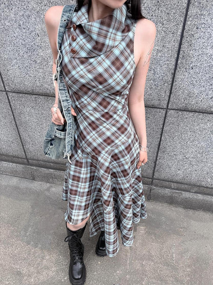 HEMOGLOBIN Blue Brown Plaid Asymmetric Hem Sleeveless High Neck Women&