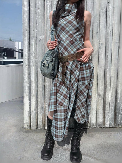 HEMOGLOBIN Blue Brown Plaid Asymmetric Hem Sleeveless High Neck Women&