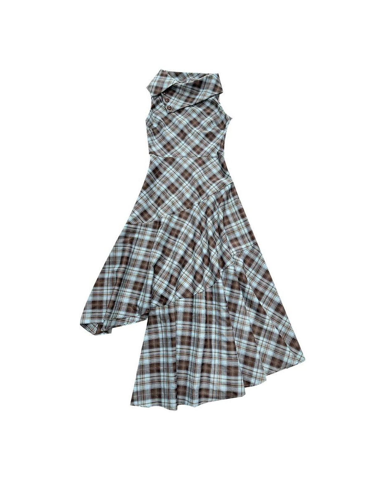 HEMOGLOBIN Blue Brown Plaid Asymmetric Hem Sleeveless High Neck Women&