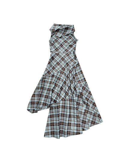 HEMOGLOBIN Blue Brown Plaid Asymmetric Hem Sleeveless High Neck Women&