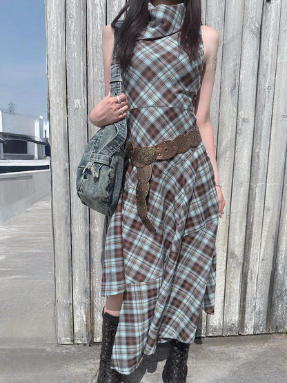 HEMOGLOBIN Blue Brown Plaid Asymmetric Hem Sleeveless High Neck Women&
