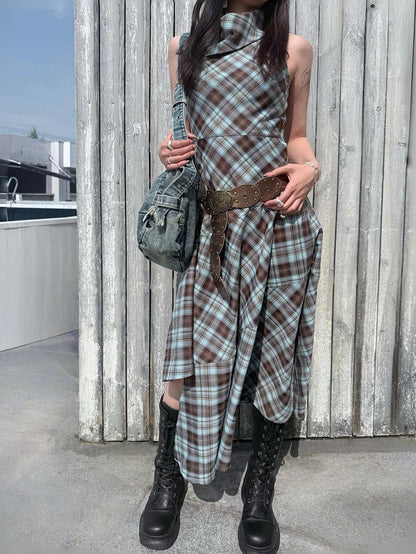 HEMOGLOBIN Blue Brown Plaid Asymmetric Hem Sleeveless High Neck Women&