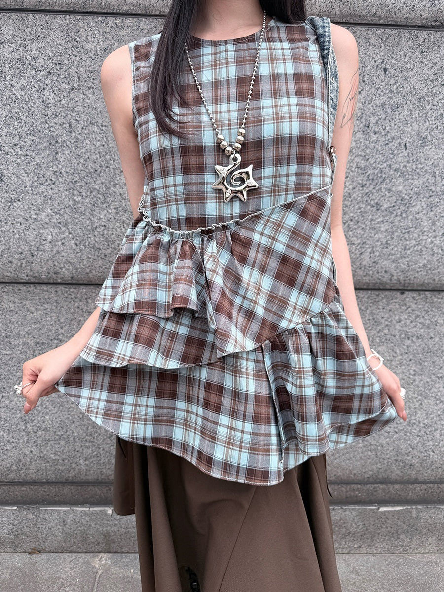 HEMOGLOBIN_Blue_Brown_Plaid_Print_Ruched_Women&