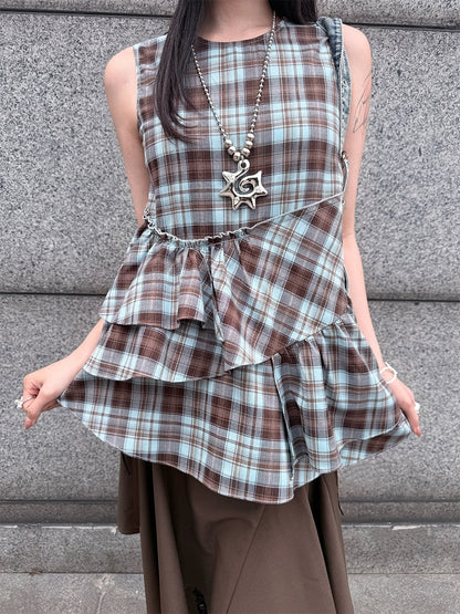 HEMOGLOBIN_Blue_Brown_Plaid_Print_Ruched_Women&