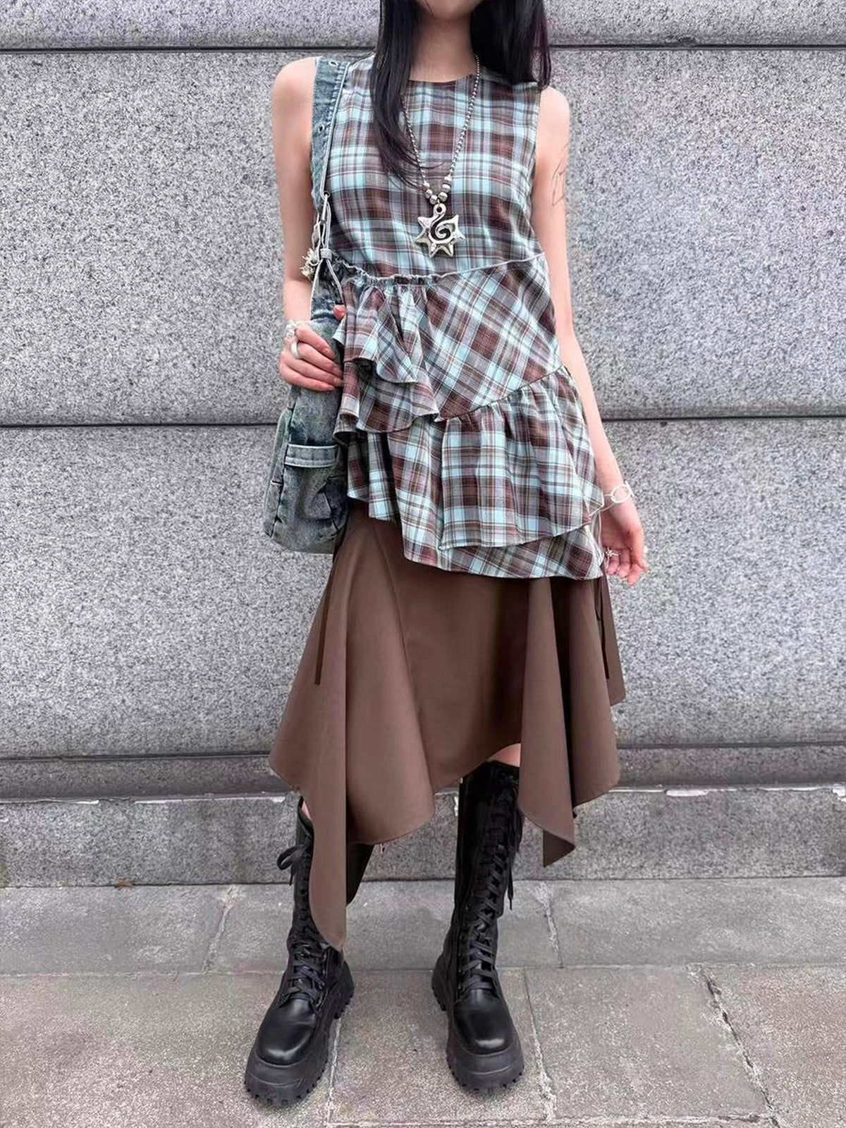 HEMOGLOBIN Blue Brown Plaid Print Ruched Women&