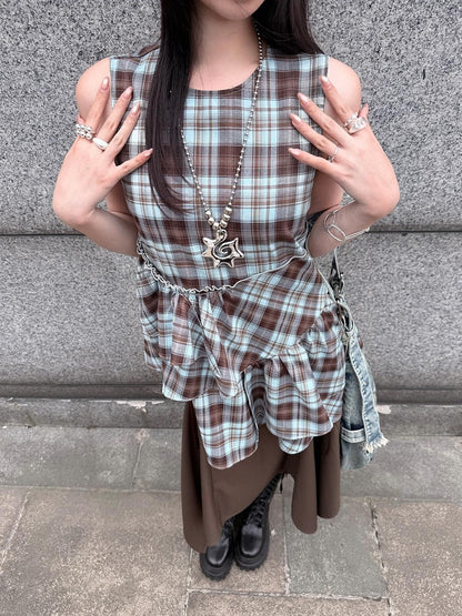 HEMOGLOBIN Blue Brown Plaid Print Ruched Women&