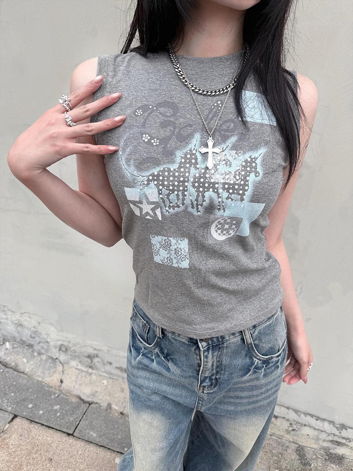 HEMOGLOBIN Blue Grey Animal Print Graphic Women&