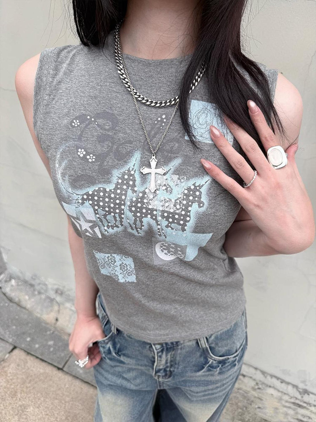 HEMOGLOBIN Blue Grey Animal Print Graphic Women&