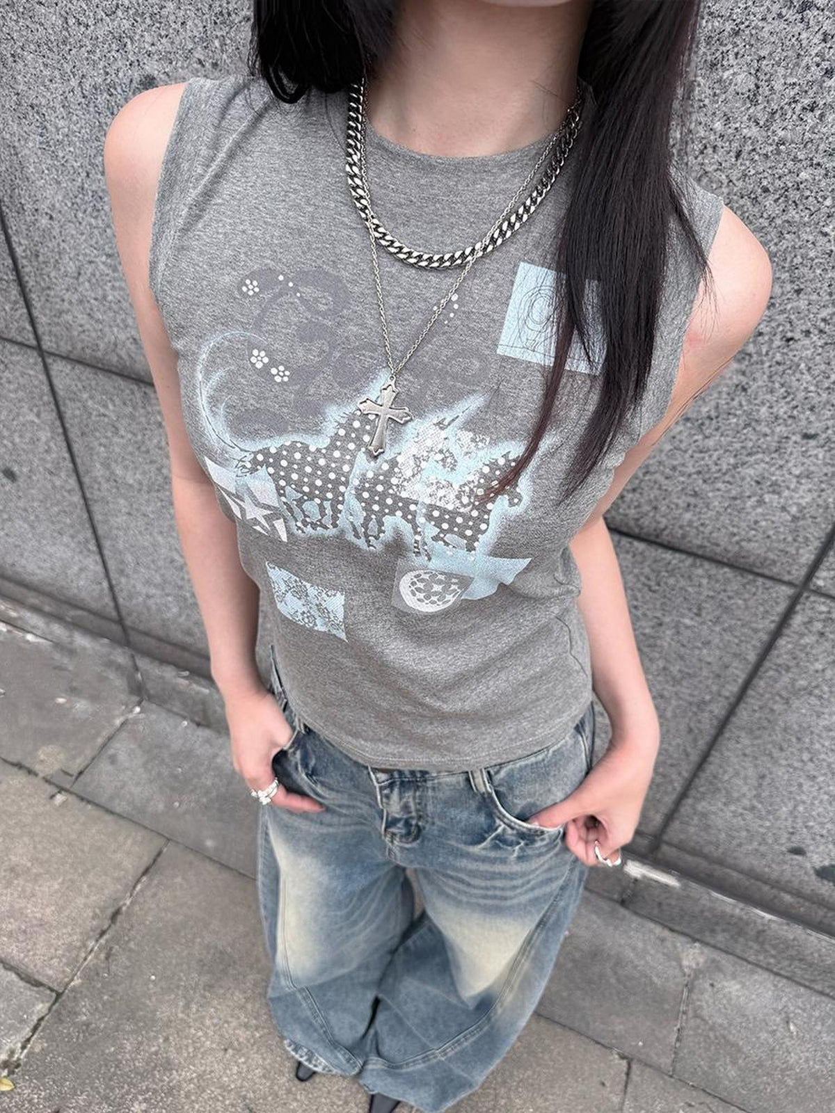 HEMOGLOBIN Blue Grey Animal Print Graphic Women&