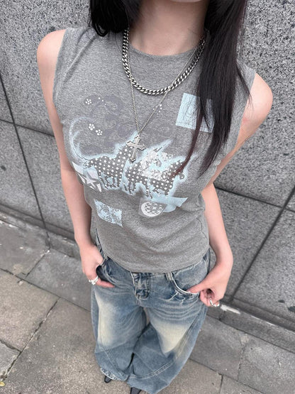 HEMOGLOBIN Blue Grey Animal Print Graphic Women&