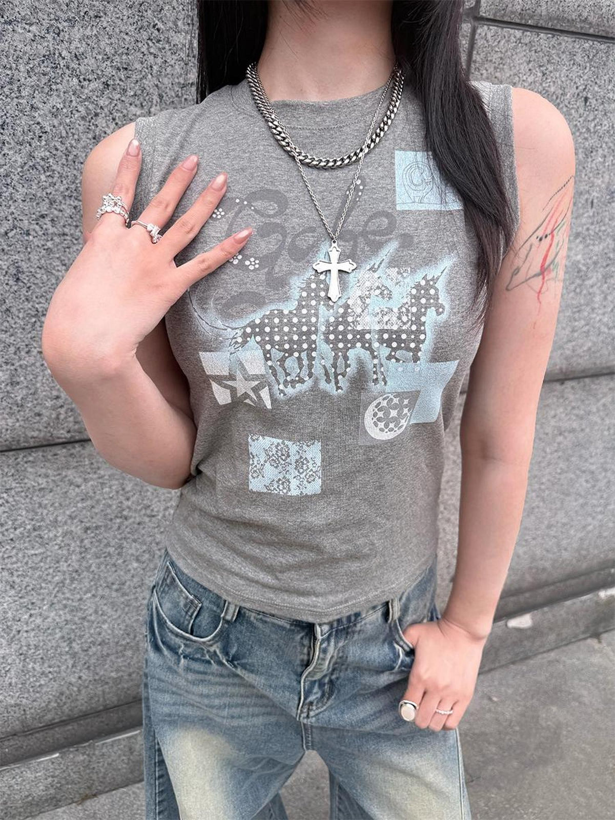 HEMOGLOBIN Blue Grey Animal Print Graphic Women&