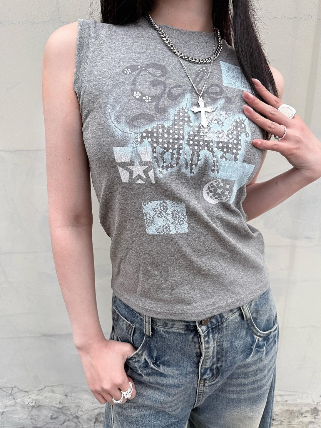 HEMOGLOBIN Blue Grey Animal Print Graphic Women&