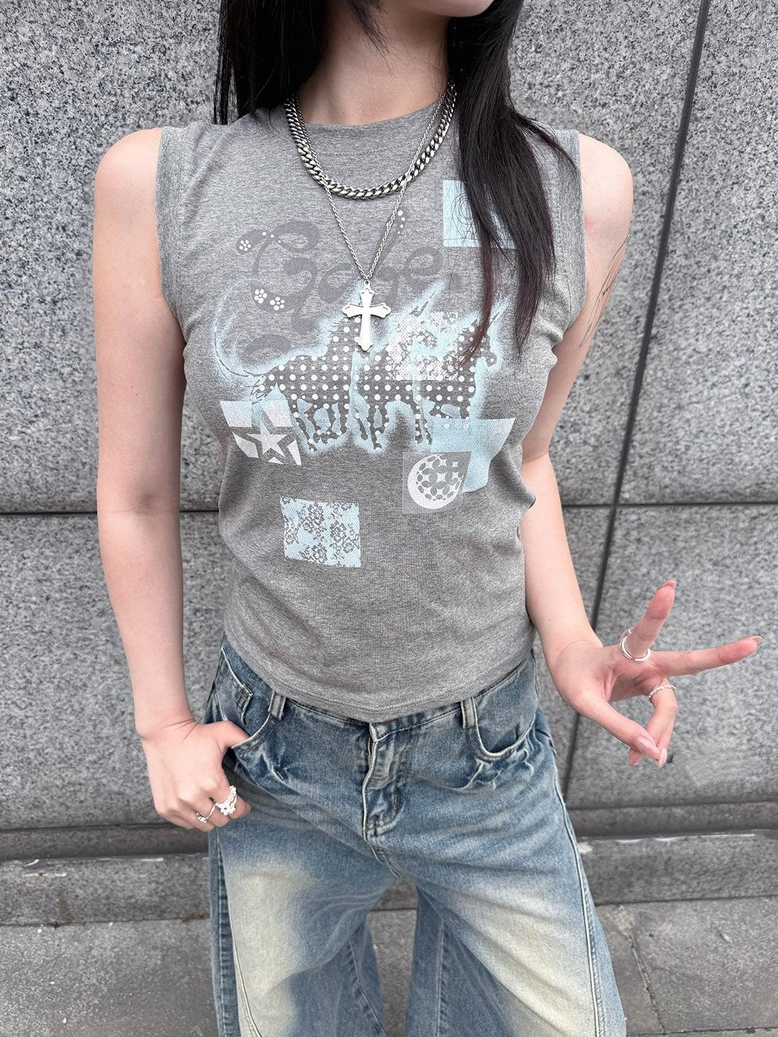 HEMOGLOBIN Blue Grey Animal Print Graphic Women&