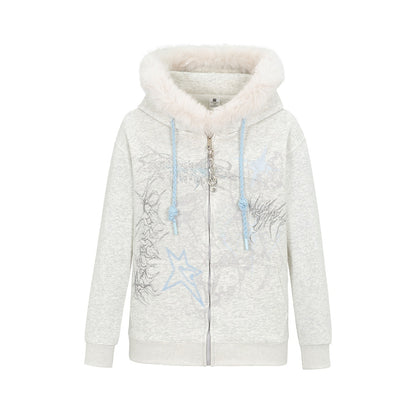 HEMOGLOBIN_Cartoon_Print_Faux_Fur_Collar_Loose_Fit_Cotton_Blend_Women&