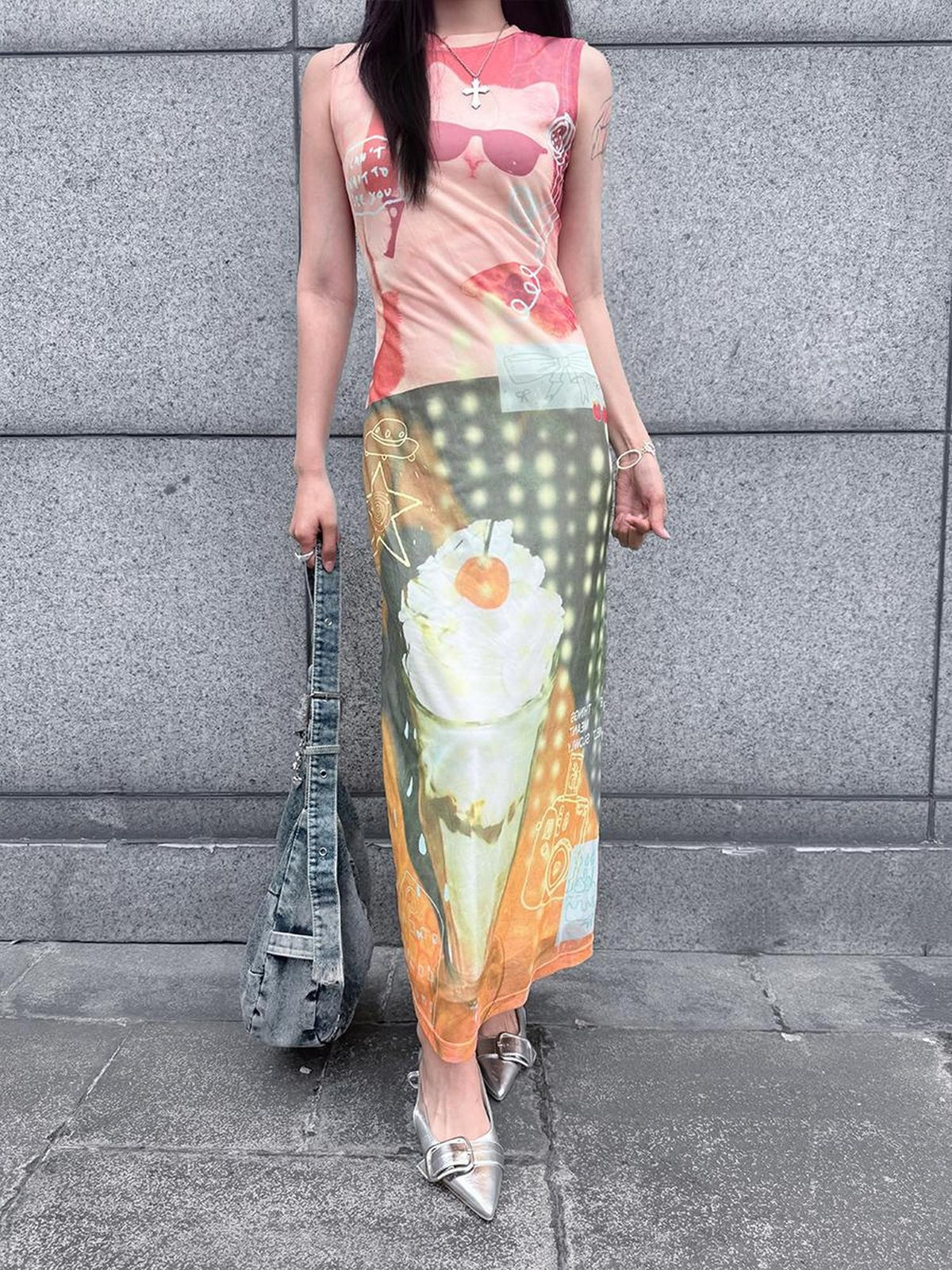 HEMOGLOBIN Cat Print Double Layer Mesh Sleeveless Women&