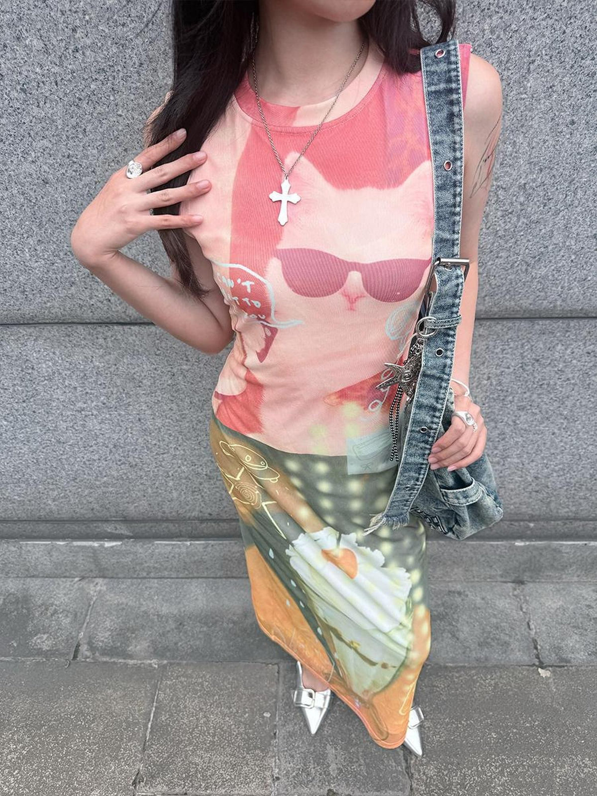 HEMOGLOBIN Cat Print Double Layer Mesh Sleeveless Women&