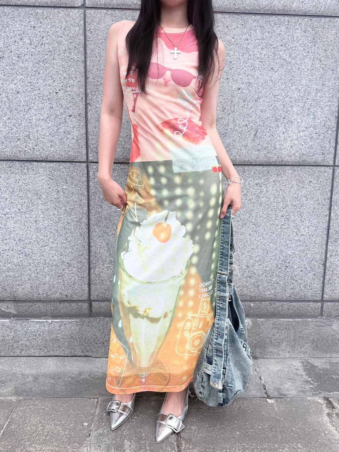 HEMOGLOBIN Cat Print Double Layer Mesh Sleeveless Women&