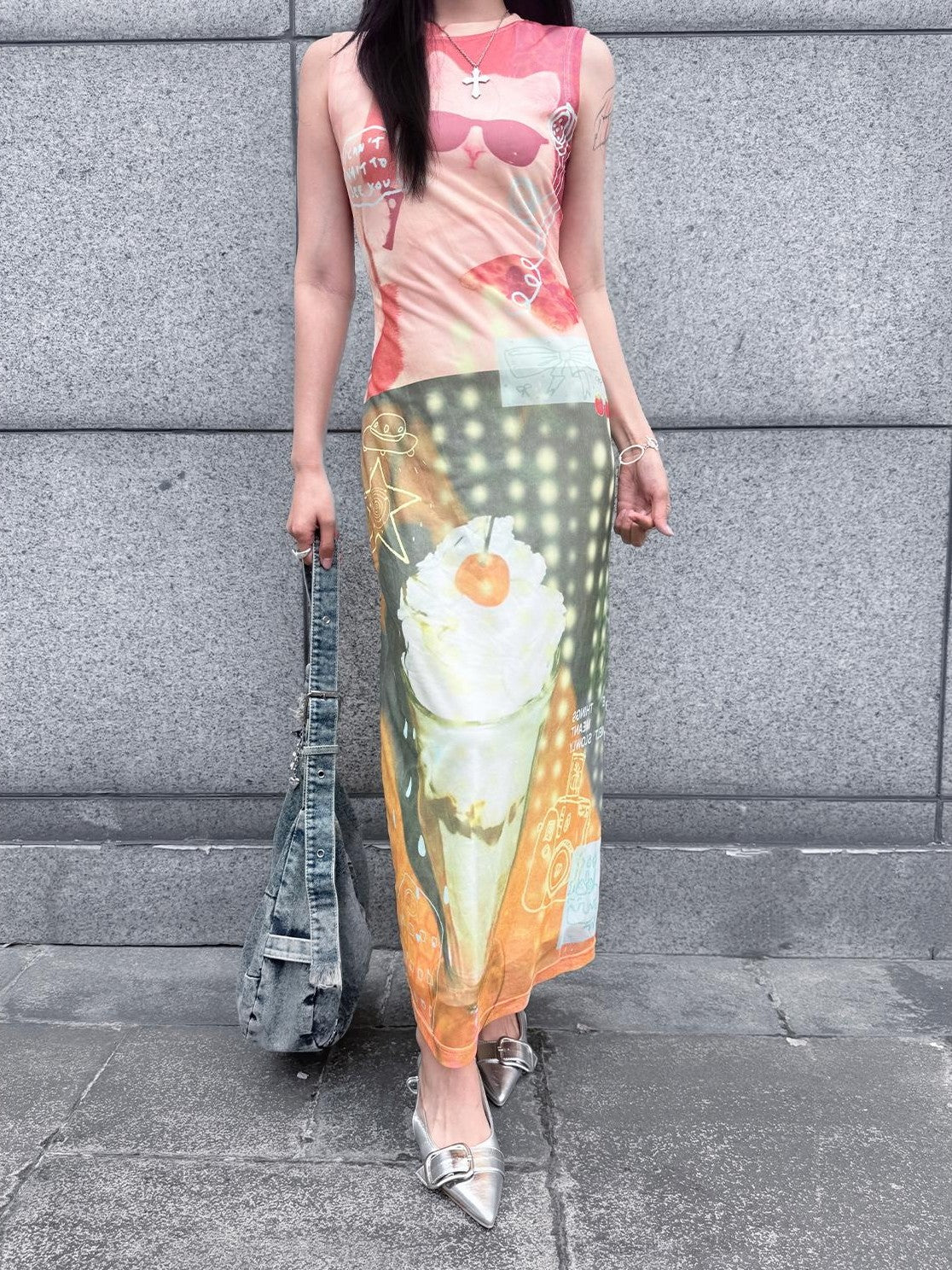 HEMOGLOBIN Cat Print Double Layer Mesh Sleeveless Women&