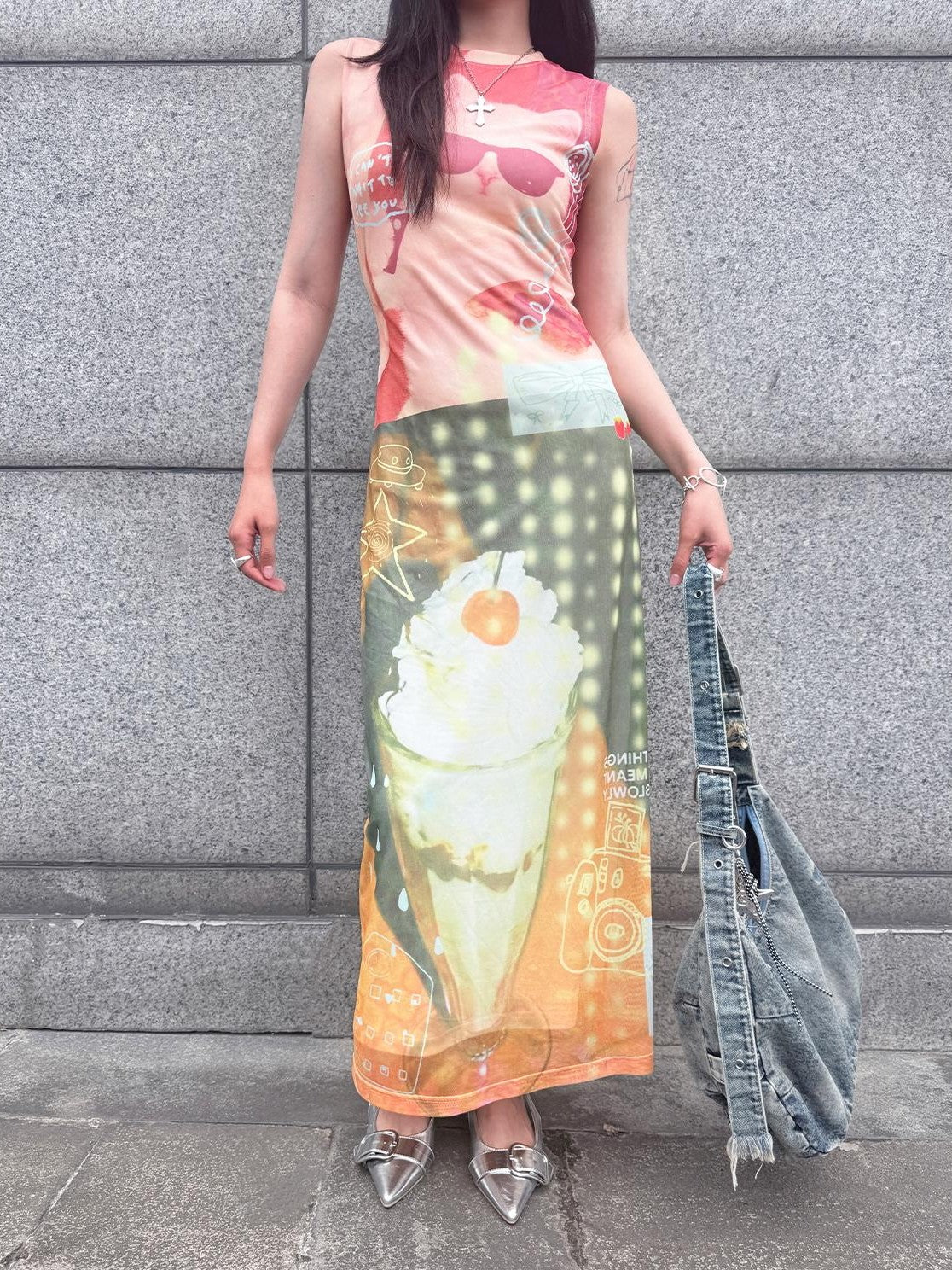HEMOGLOBIN Cat Print Double Layer Mesh Sleeveless Women&