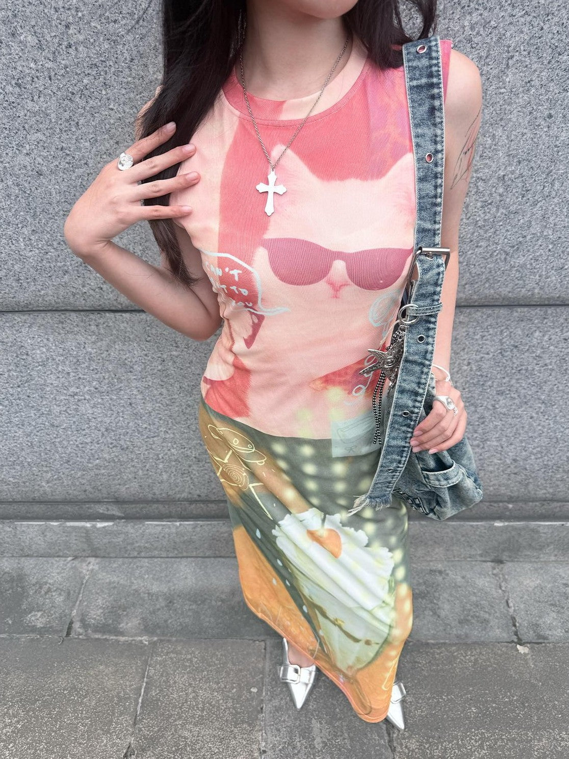 HEMOGLOBIN Cat Print Double Layer Mesh Sleeveless Women&