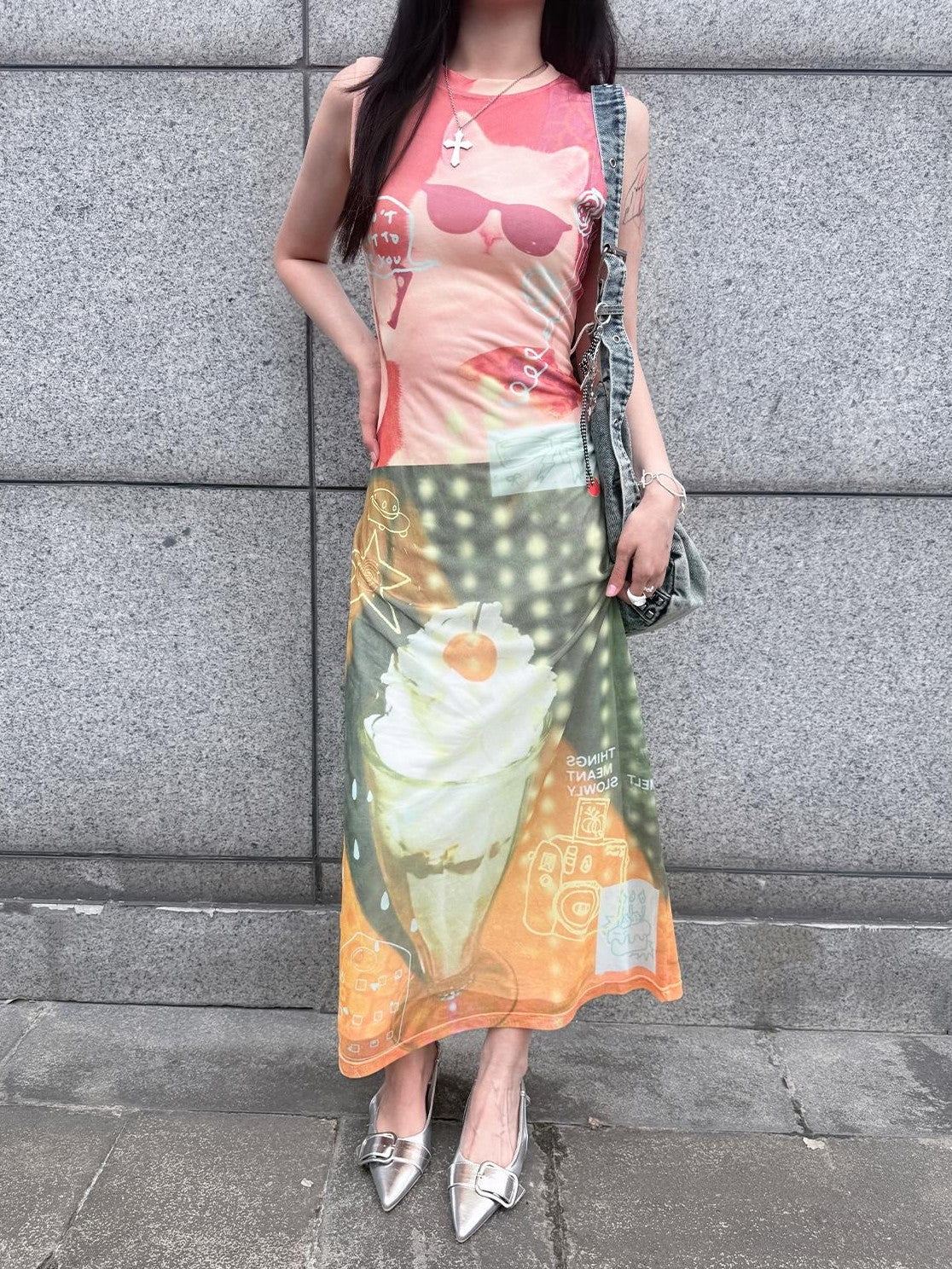 HEMOGLOBIN Cat Print Double Layer Mesh Sleeveless Women&