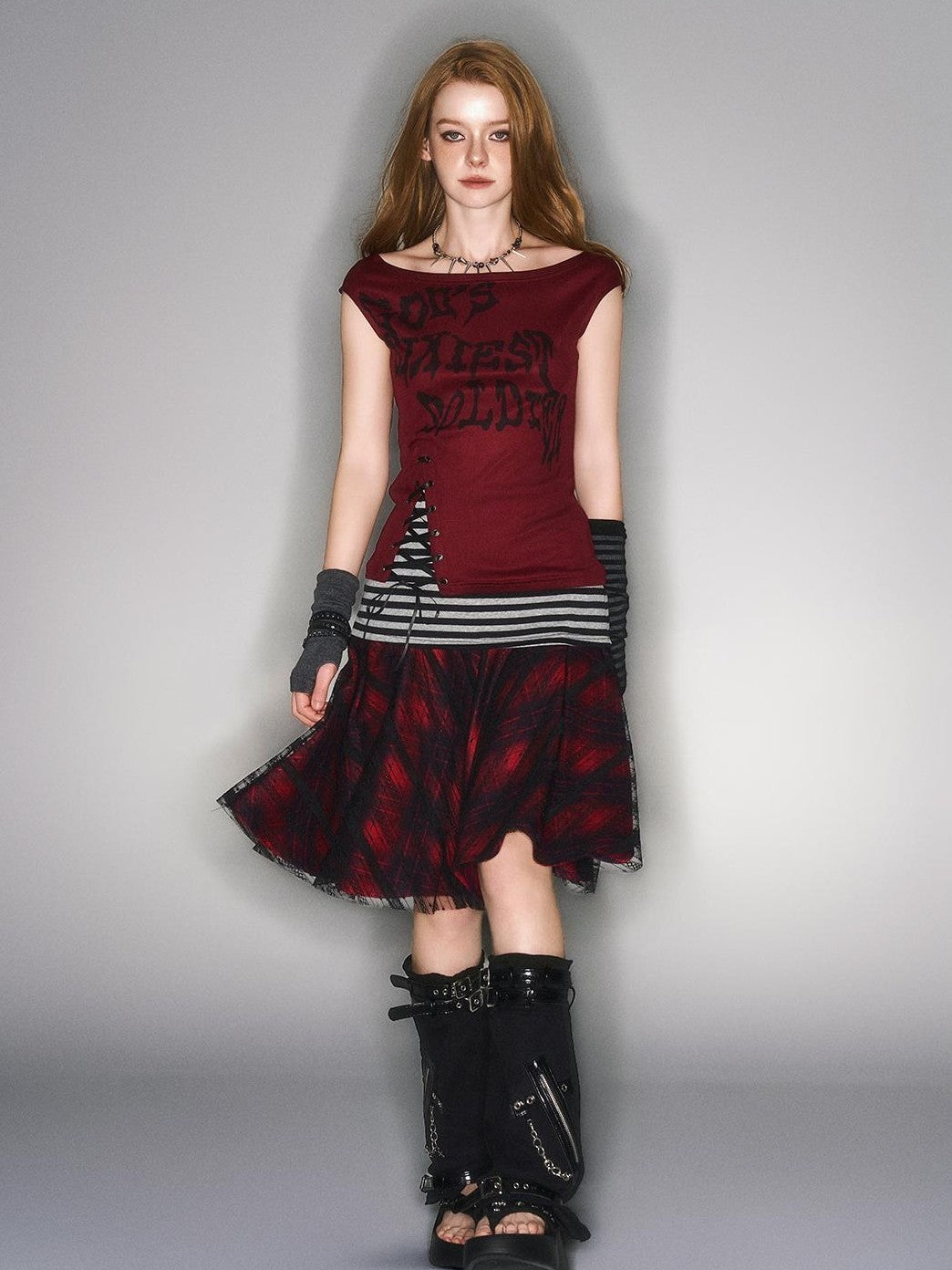 HEMOGLOBIN Color Block Red Plaid Lace Spliced High Waist Women&