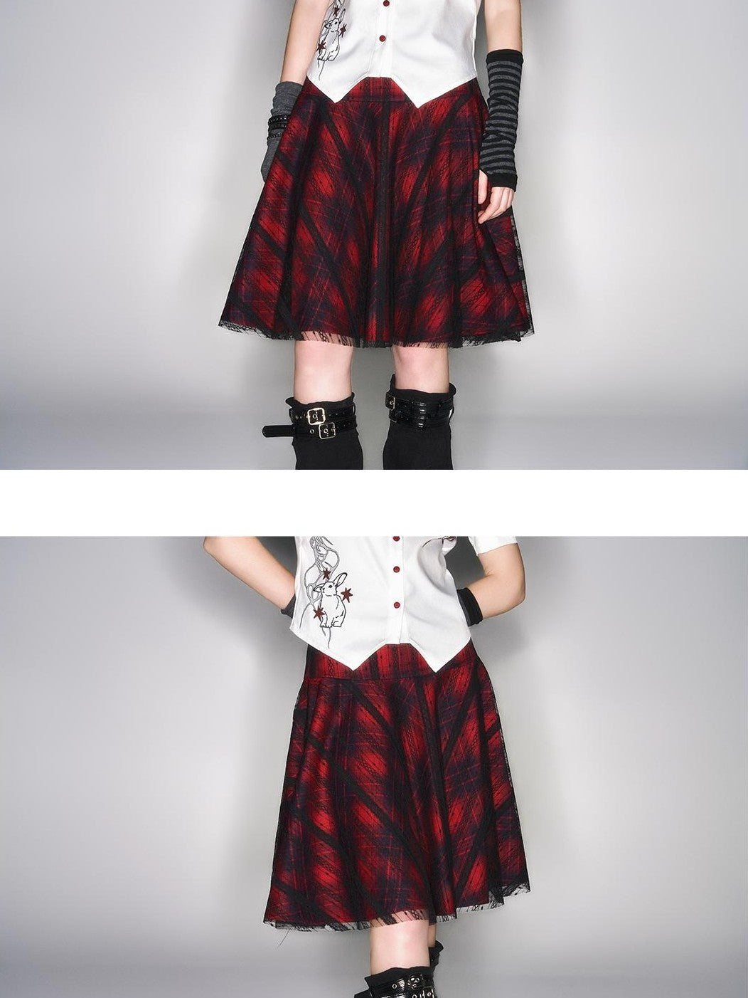 HEMOGLOBIN Color Block Red Plaid Lace Spliced High Waist Women&