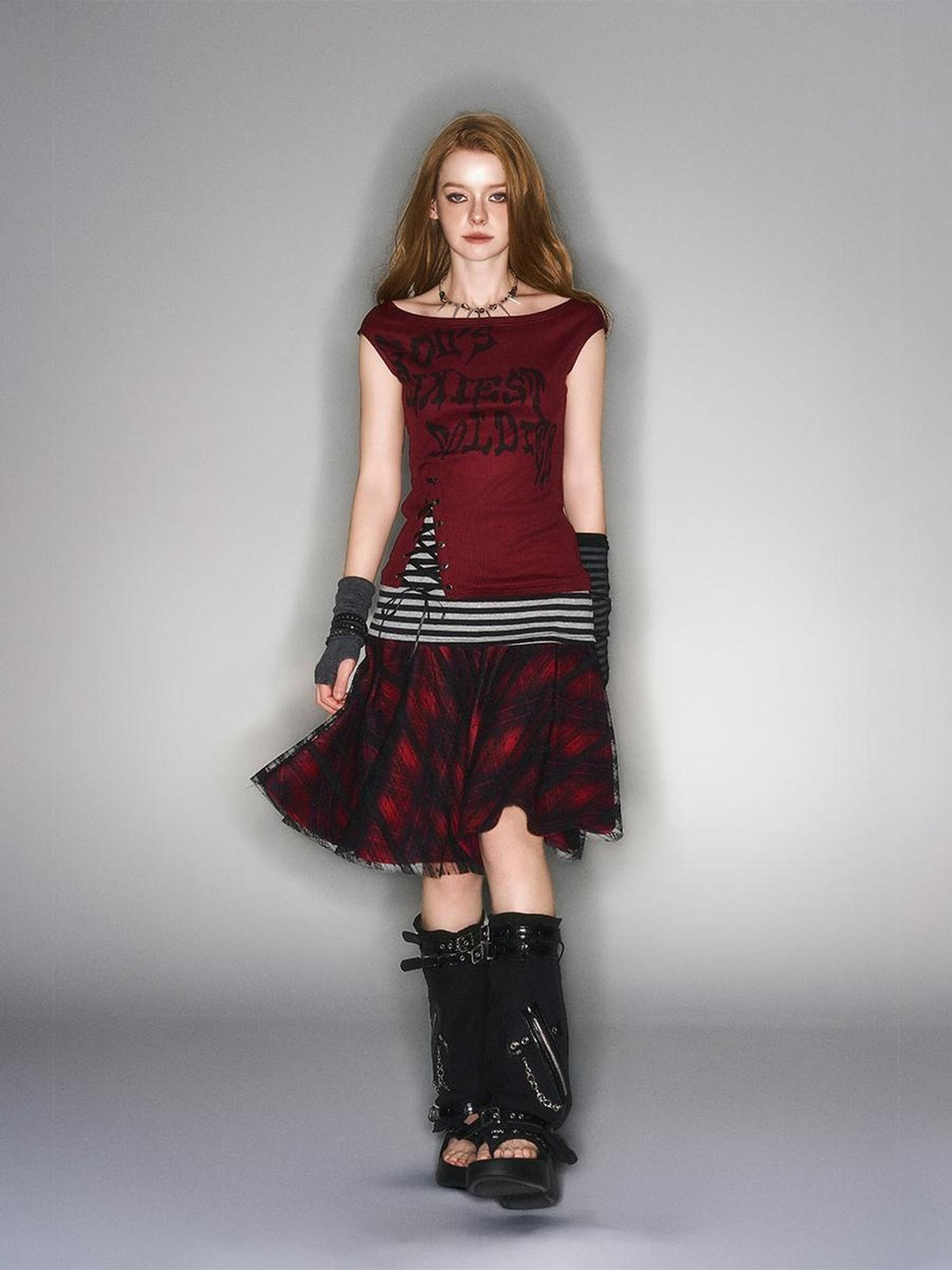 HEMOGLOBIN Color Block Red Plaid Lace Spliced High Waist Women&