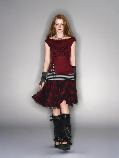 HEMOGLOBIN Color Block Red Plaid Lace Spliced High Waist Women&
