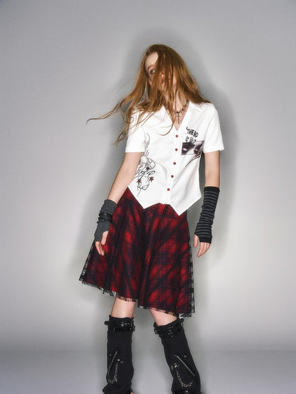 HEMOGLOBIN Color Block Red Plaid Lace Spliced High Waist Women&