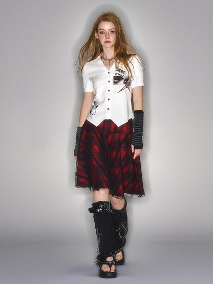 HEMOGLOBIN Color Block Red Plaid Lace Spliced High Waist Women&