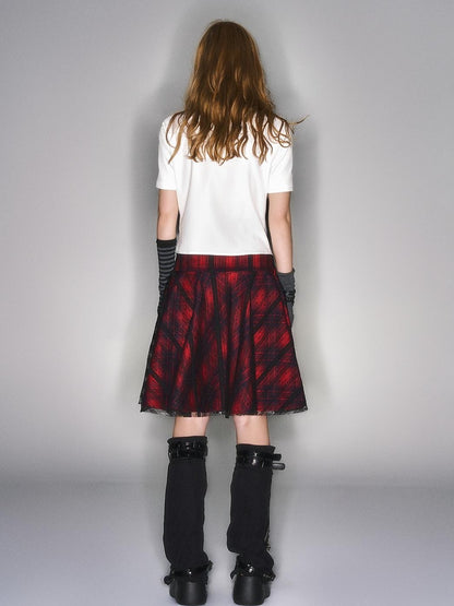 HEMOGLOBIN Color Block Red Plaid Lace Spliced High Waist Women&