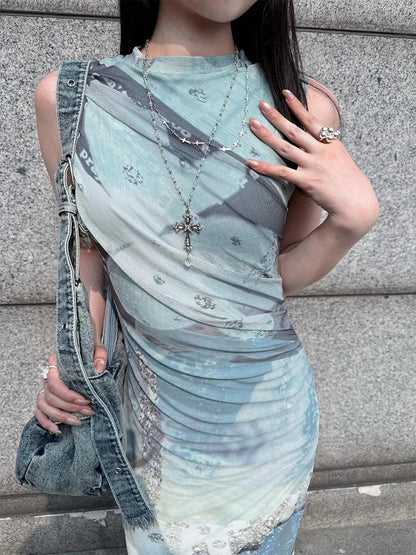 HEMOGLOBIN Double Layer Mesh Print Sleeveless Ruched Women&