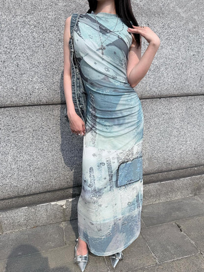 HEMOGLOBIN Double Layer Mesh Print Sleeveless Ruched Women&