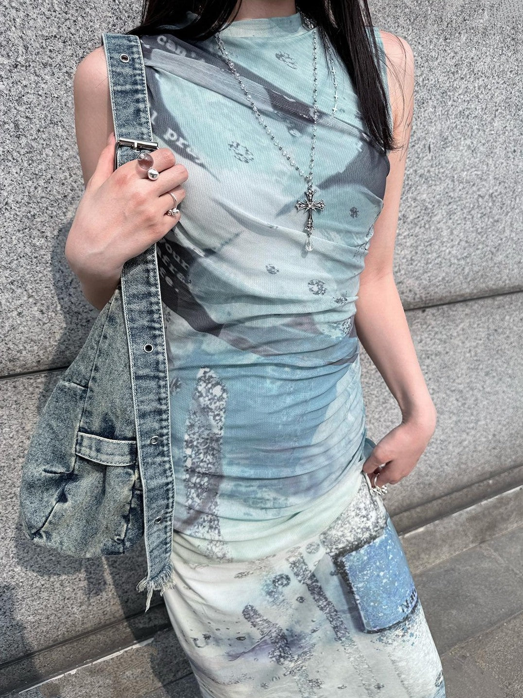 HEMOGLOBIN Double Layer Mesh Print Sleeveless Ruched Women&