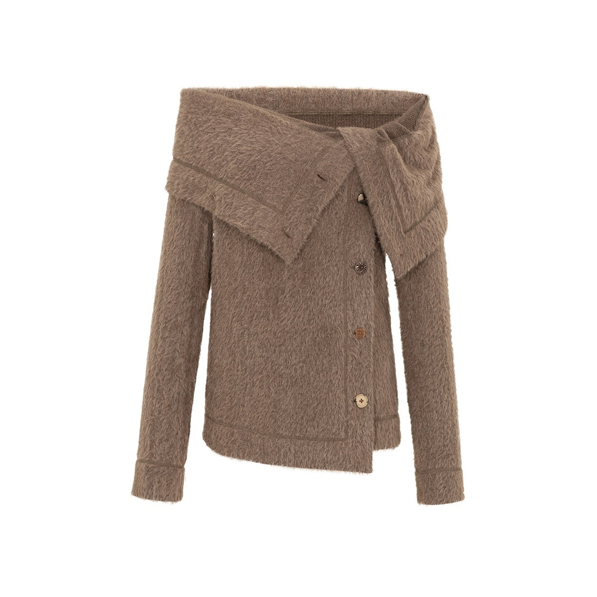 HEMOGLOBIN_Fuzzy_Button_Trim_Lapel_Loose_Fit_Long_Sleeve_Women&