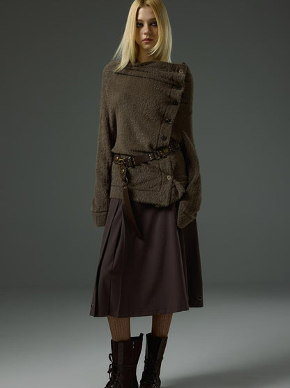 HEMOGLOBIN Fuzzy Button Trim Lapel Loose Fit Long Sleeve Women&