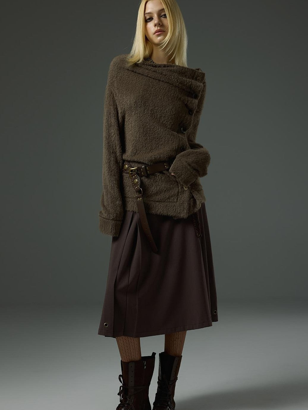 HEMOGLOBIN Fuzzy Button Trim Lapel Loose Fit Long Sleeve Women&