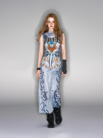 HEMOGLOBIN Gray Blue Print Retro Street Hooded Tank Women&