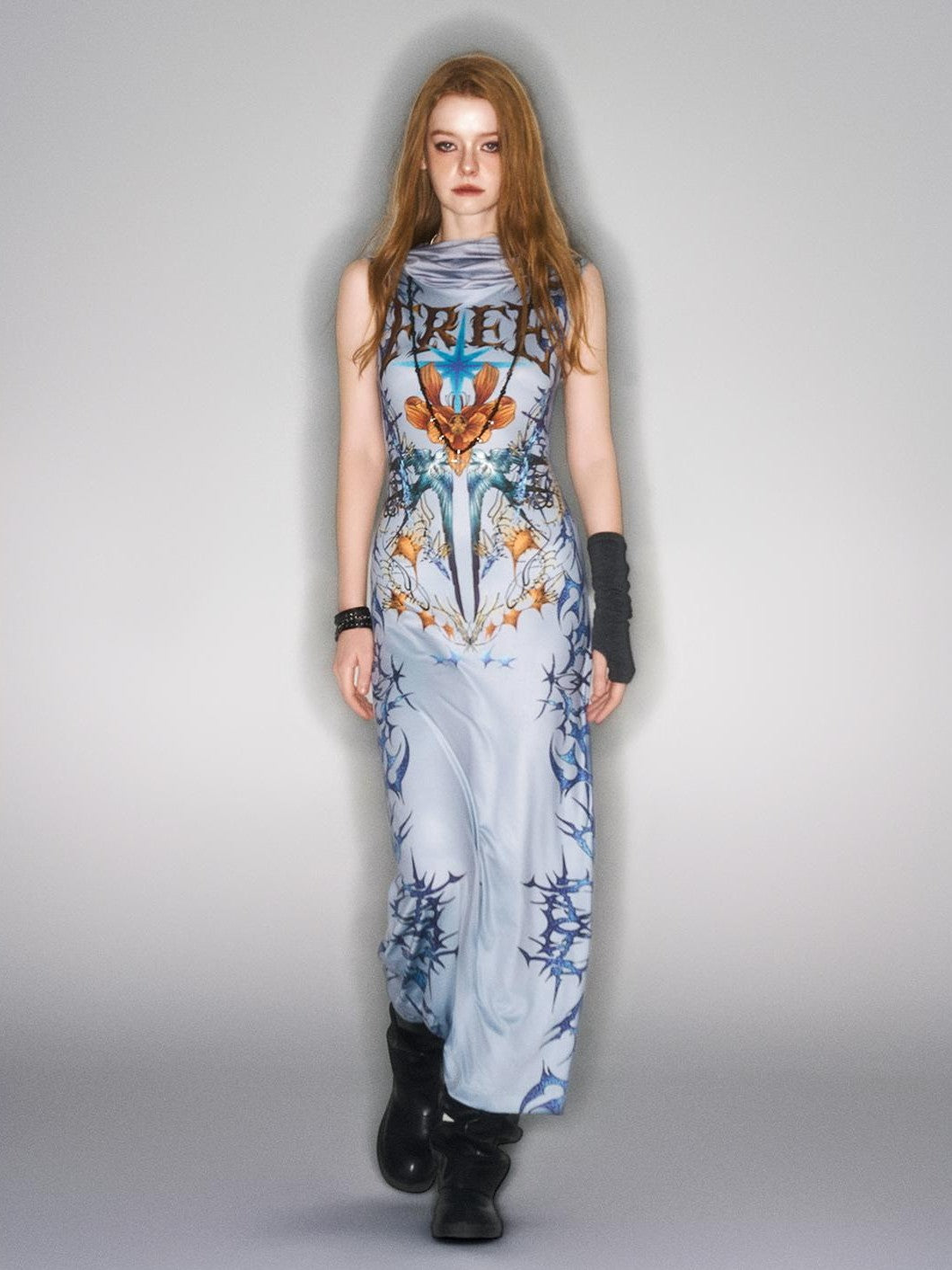 HEMOGLOBIN Gray Blue Print Retro Street Hooded Tank Women&