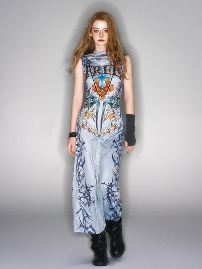 HEMOGLOBIN Gray Blue Print Retro Street Hooded Tank Women&