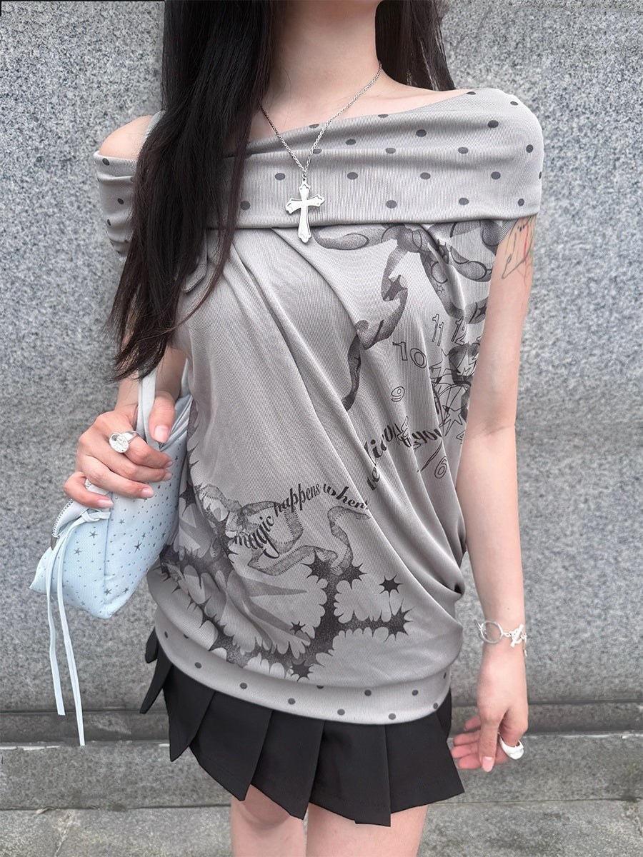 HEMOGLOBIN_Gray_Polka_Dot_Letter_Print_Loose_Fit_Open_Back_Women&